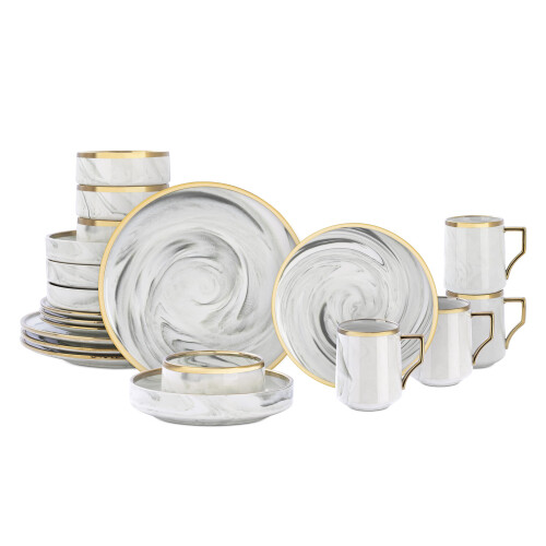 HomeVss, Fine china Artisan Marbled 20pc Dinnerware Set, grey with gold Line