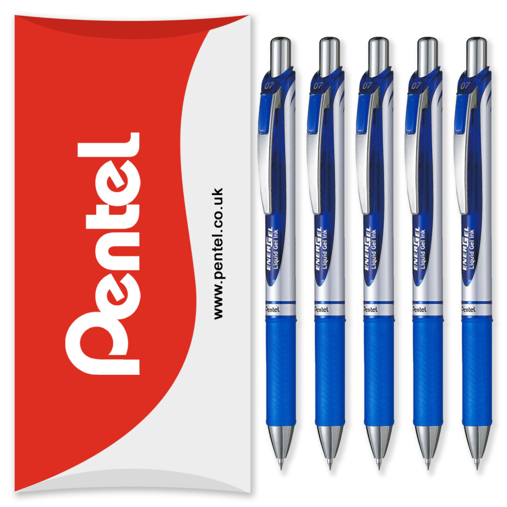 (Blue) Pentel Energel BL77 Retractable Gel Ink Rollerball Pen - 0.7mm - Pack of 5 in Pillow Packaging