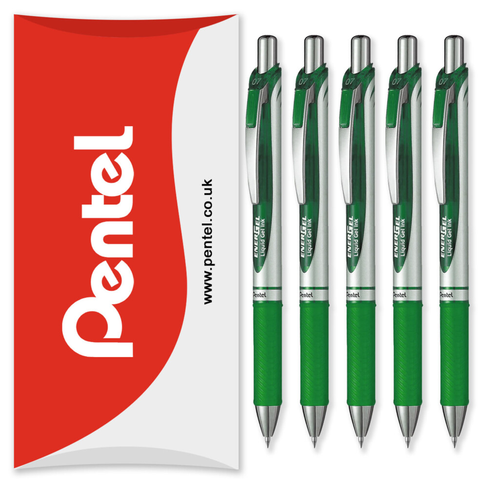 Pentel (Green) Energel Bl77 Retractable Gel Ink Rollerball Pen - 0.7Mm - Pack Of 5 In Pillow Packaging
