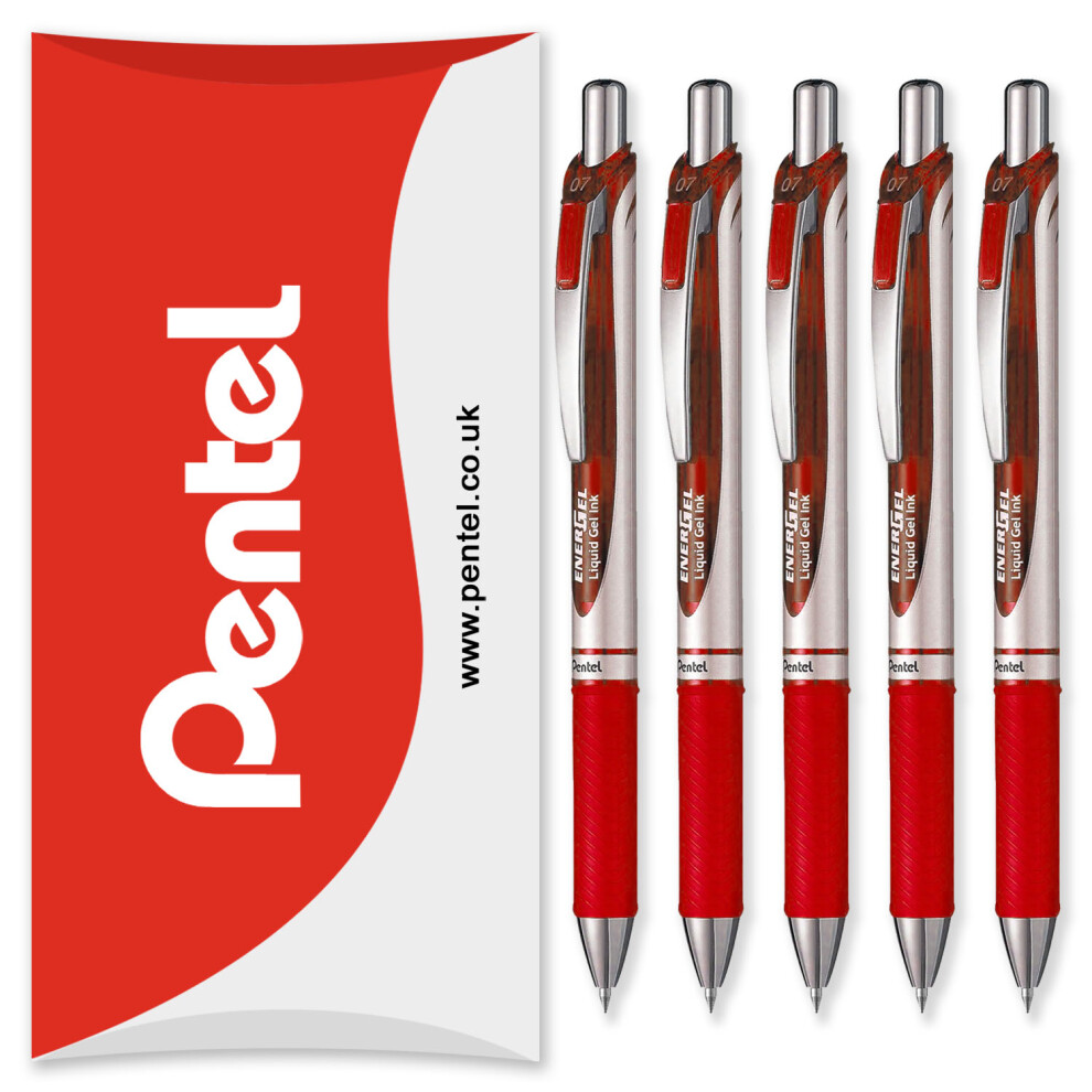 Pentel (Red) Energel Bl77 Retractable Gel Ink Rollerball Pen - 0.7Mm - Pack Of 5 In Pillow Packaging