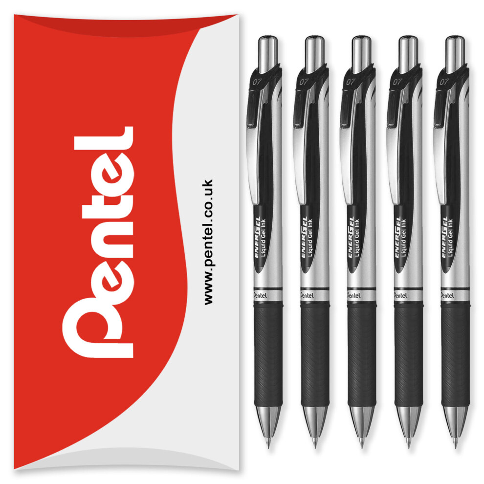 (Black) Pentel Energel BL77 Retractable Gel Ink Rollerball Pen - 0.7mm - Pack of 5 in Pillow Packaging