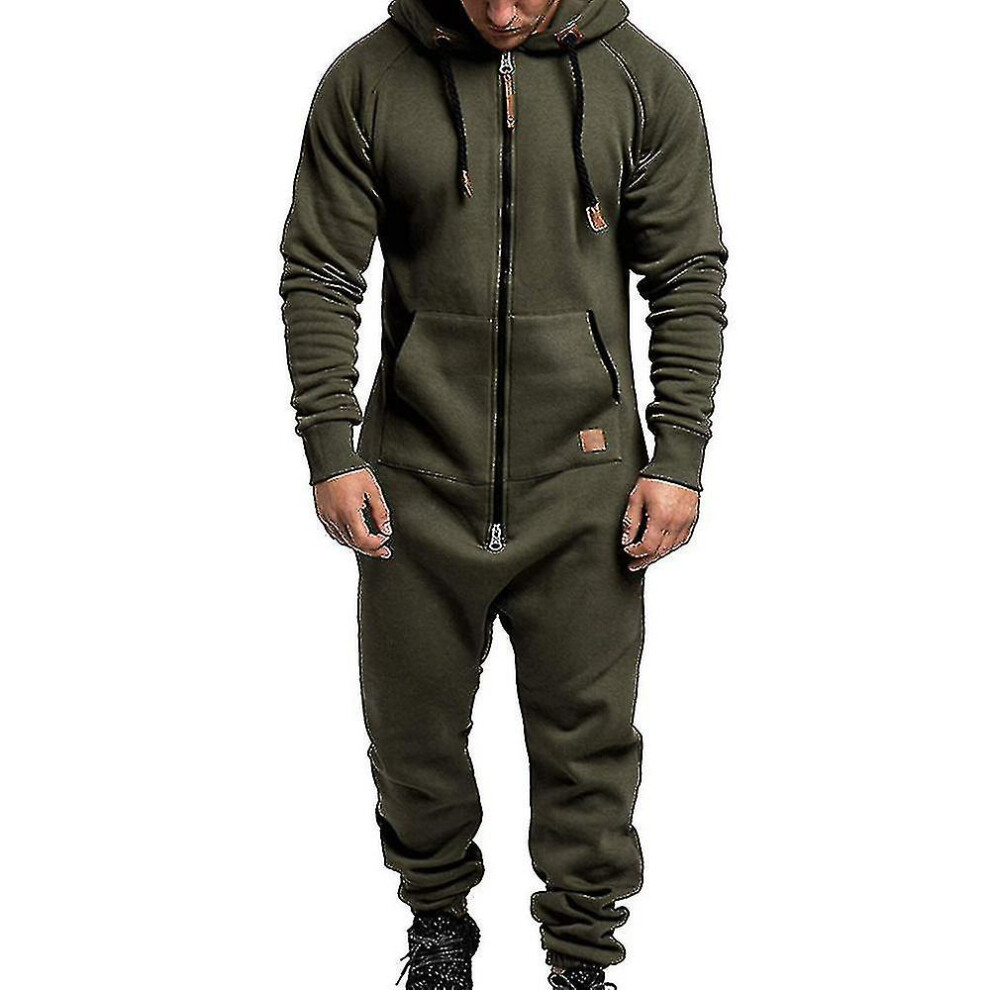 (Army Xl) Men Onesie Hoodie Zip Jumpsuit Winter Casual Hooded Romper Playsuit Green