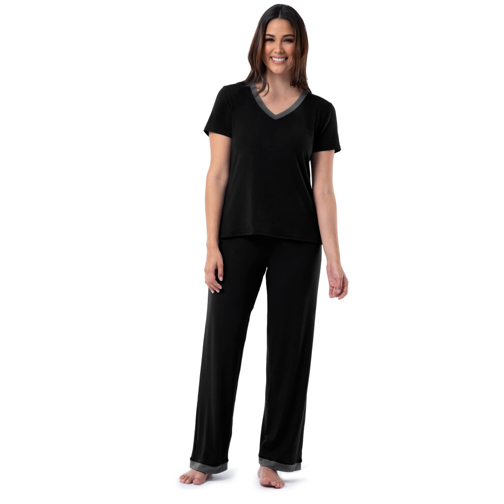 Fruit of the Loom Womens Short Sleeve Tee and Pant 2 Piece Sleep Pajama Set, Black, Small