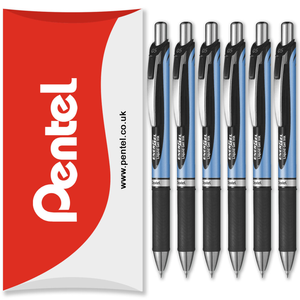 (Black) Pentel Energel BLN75 Retractable Gel Ink Rollerball Pen - 0.5mm - Pack of 6 in Pillow Packaging