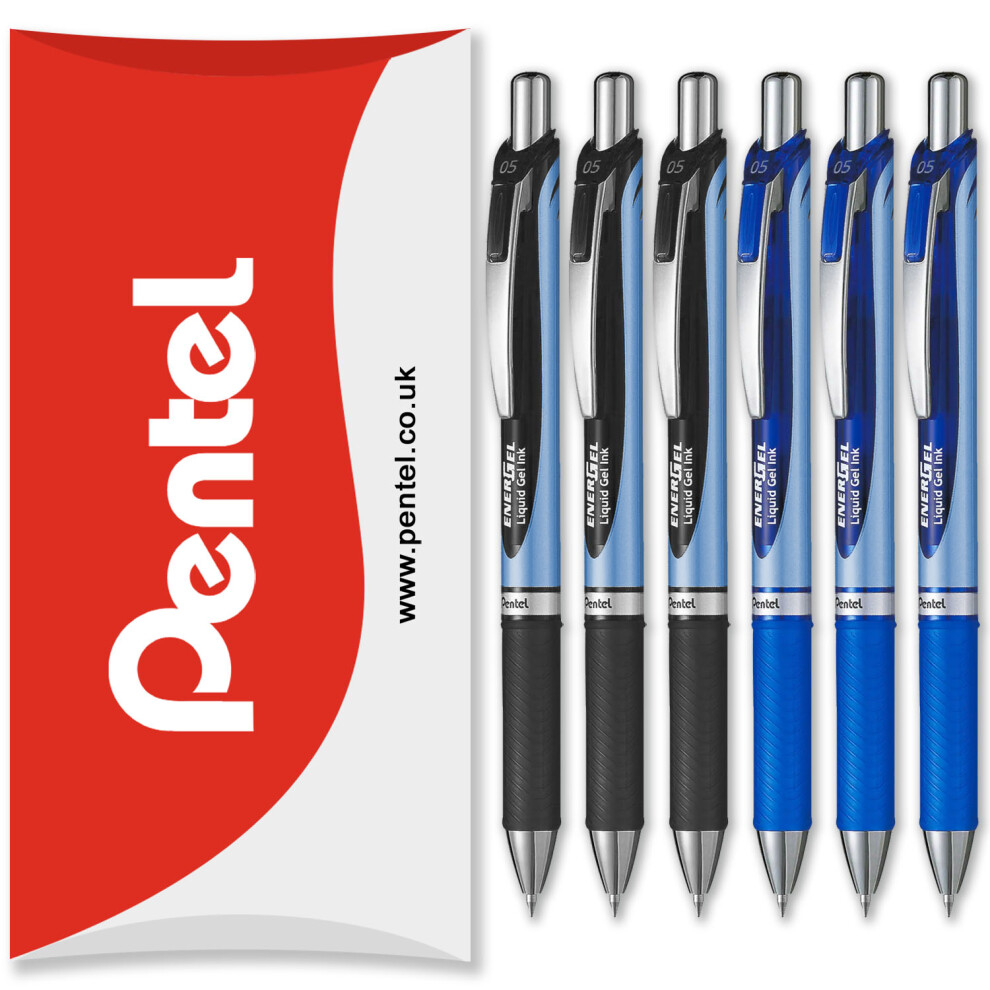 (Black and Blue) Pentel Energel BLN75 Retractable Gel Ink Rollerball Pen - 0.5mm - Pack of 6 in Pillow Packaging