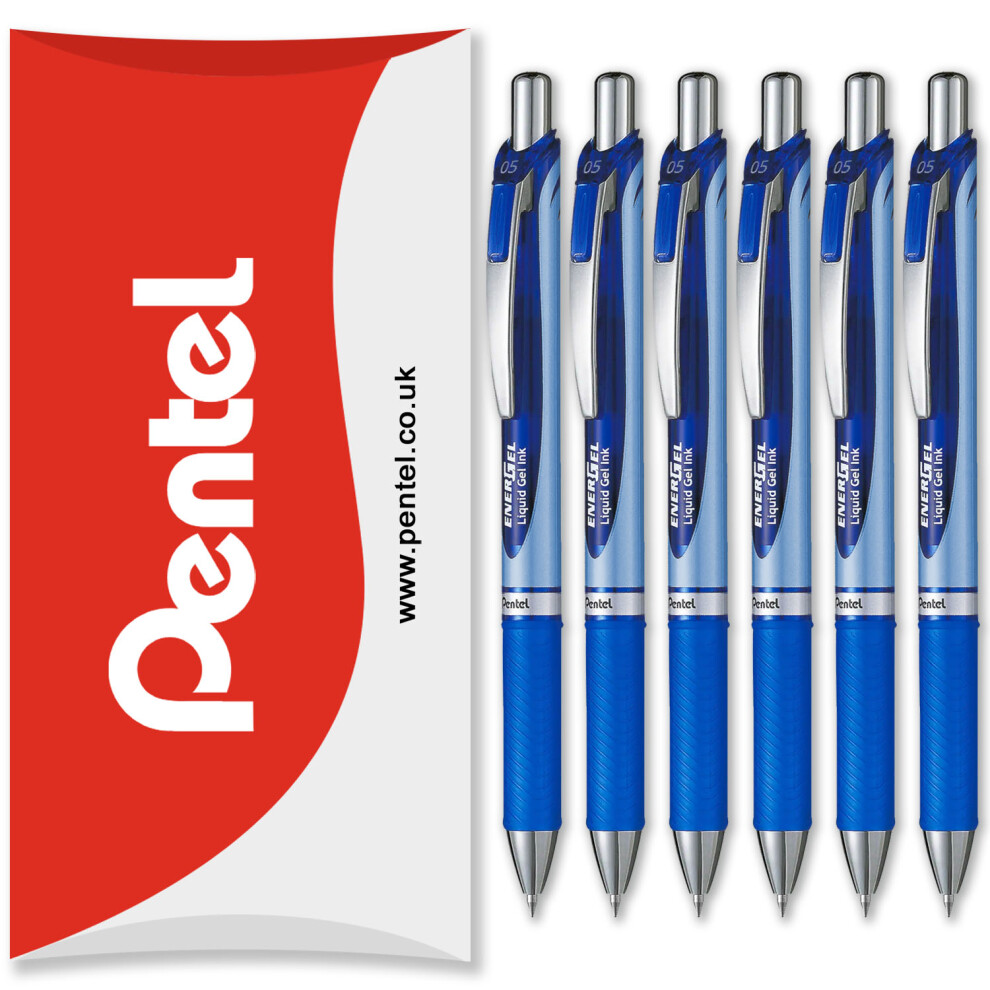 (Blue) Pentel Energel BLN75 Retractable Gel Ink Rollerball Pen - 0.5mm - Pack of 6 in Pillow Packaging