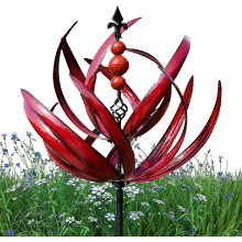 (Red) Outdoor Wind Spinner, Harlow Wind Spinner Rotator, Unique And Magical Metal Windmill, Dynamic 3d Lotus Windmill With Garden Stake