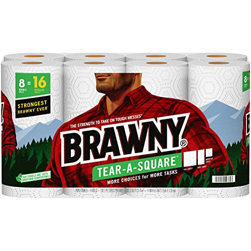 Brawny Tear-A-Square Χαρτοπετσέτες, 8 Διπλοί Ρόλοι = 16 Κανονικοί Ρόλοι