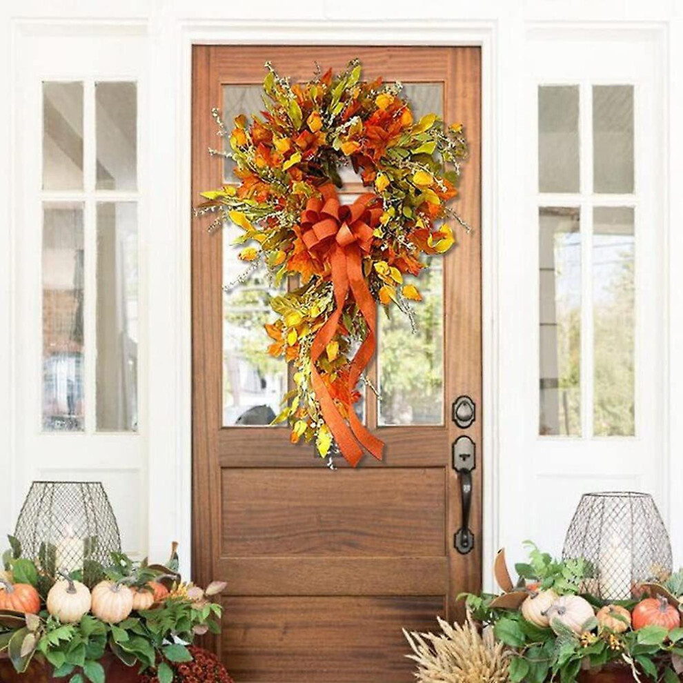 Autumn Wreaths For Front Door - Fall Door Wreaths With Large Bows - Autumn Decorations For Thanksgiving Harvest Halloween Decorations