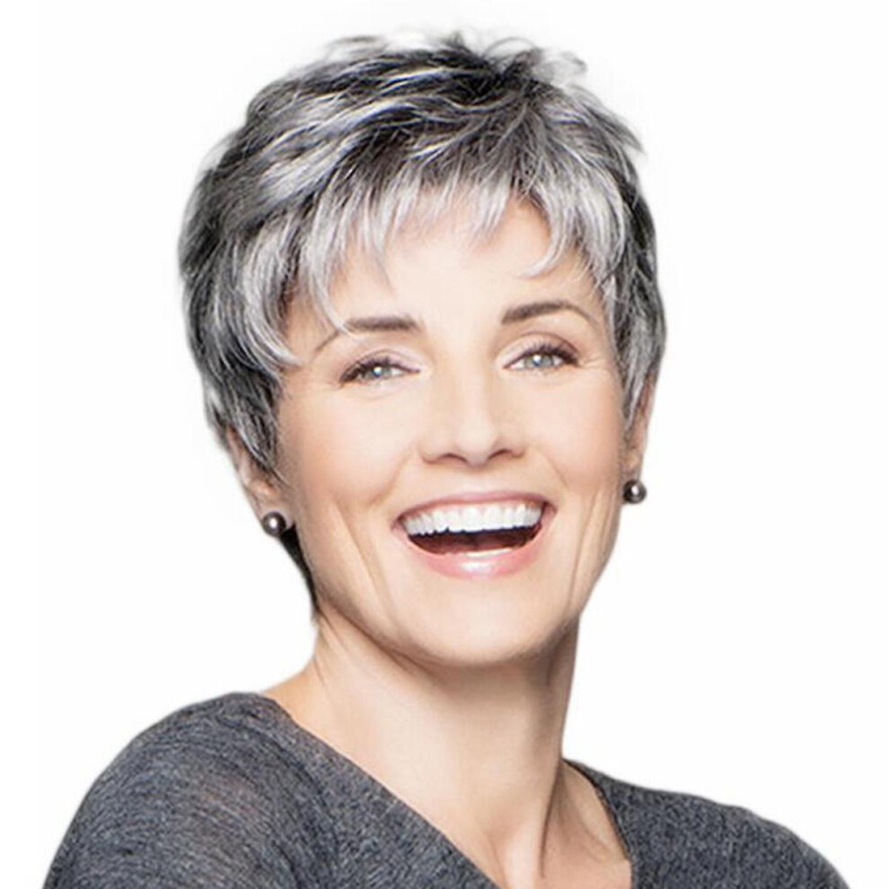 Unisex Grey Womens Gradient Short Wavy Curly Wig Boy Cut Pixie Hair Full Wigs