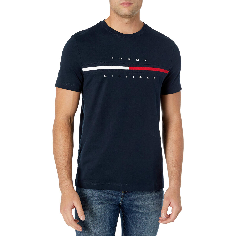 Tommy Hilfiger mens Short Sleeve Signature Stripe graphic T-shirt T Shirt, Sky captain, Medium US