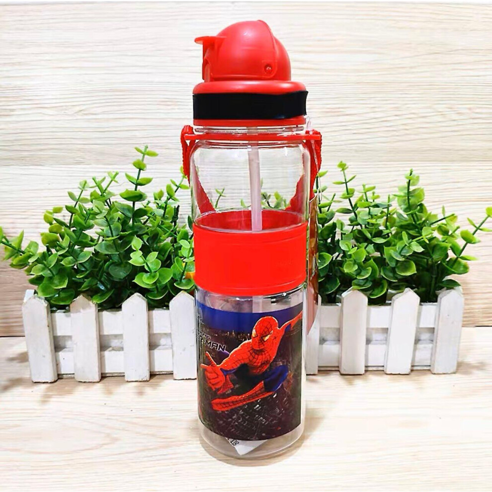 (Spider Man 500ml) 350/500ml Kids Cartoon Drinking Water Bottle Straw Cup With Shoulder Strap