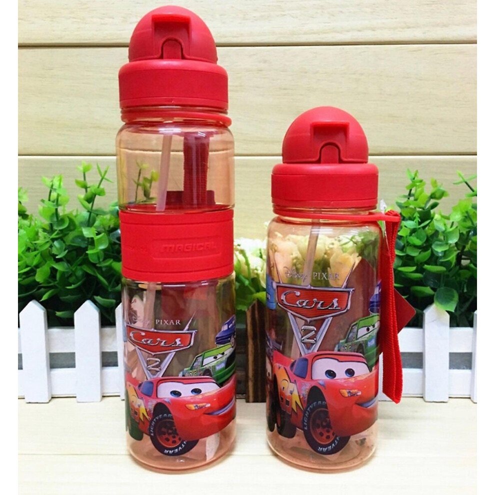 (Car McQueen 350ml) 350/500ml Kids Cartoon Drinking Water Bottle Straw Cup With Shoulder Strap