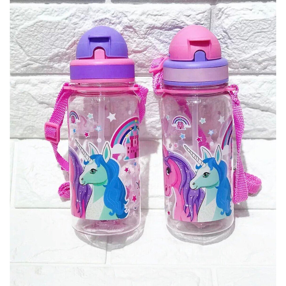 (Unicorn 350ml) 350/500ml Kids Cartoon Drinking Water Bottle Straw Cup With Shoulder Strap
