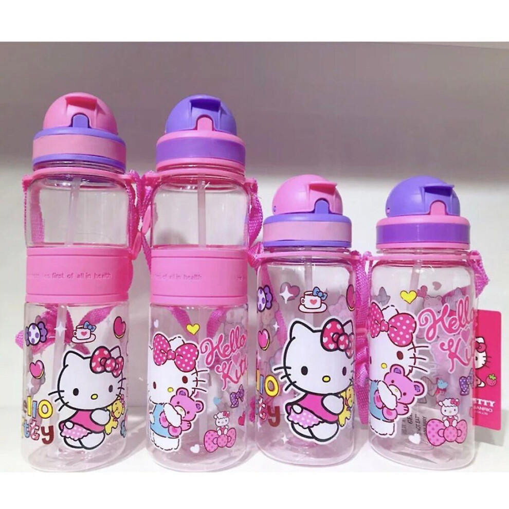 (Hello Kitty 500ml(Pink Cover)) 350/500ml Kids Cartoon Drinking Water Bottle Straw Cup With Shoulder Strap