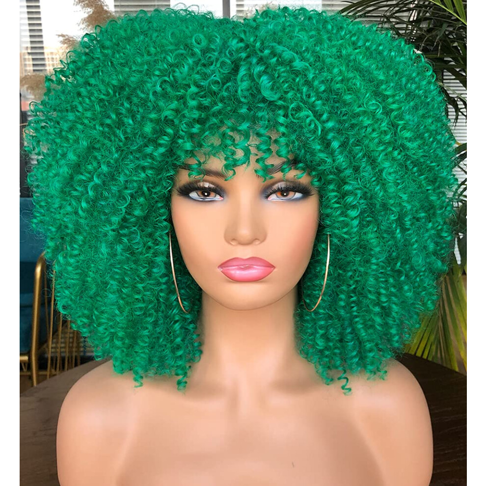 Runm Hair Runm Short Curly Afro Wig With Bangs For Black Women Kinky Curly Hair Wig Afro Synthetic Full Wigs(Green )