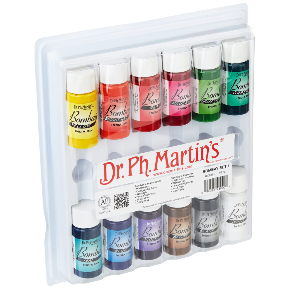 Dr Ph Martins Bombay India Ink (Set 1) Ink Set, 05 oz, Set 1 colors, 1 Set of 12 Bottles