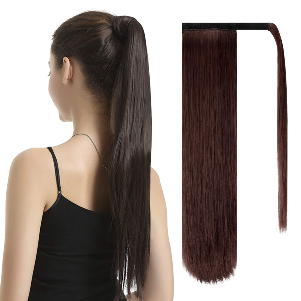 Barsdar 26 Inch Ponytail Extension Long Straight Wrap Around Clip In Synthetic Fiber Hair For Women - Dark Auburn