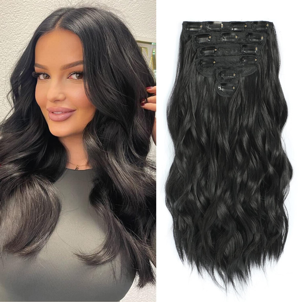 Fliace Clip In Black Hair Extensions For Women, Thick Double Weft Wavy Soft Hair & Blends Well Long Hairpieces(20Inch, 6Pcs, Natural Black)