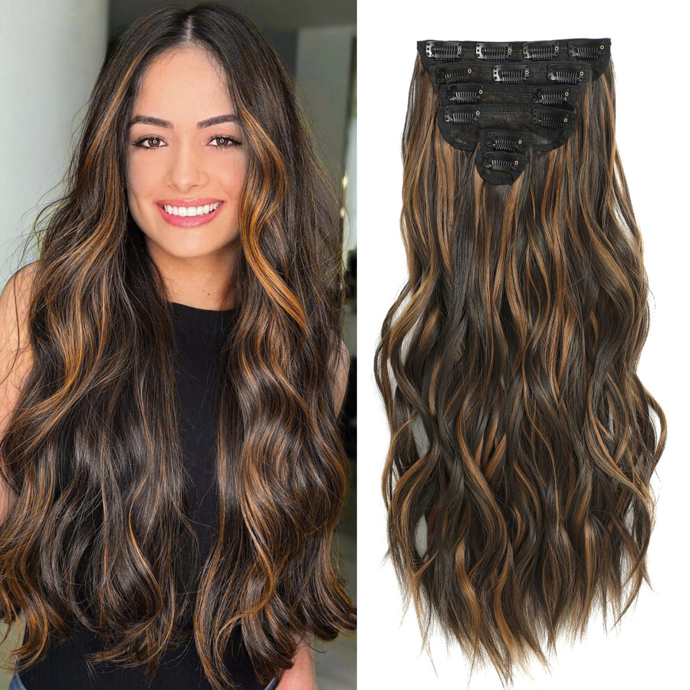 Fliace Unisex Brown Highlight Balayage Dark Hairpieces, Natural & Blends Well Clip In Hair Extensions (20Inch, 6Pcs, Dark Roasted Coffee & Caraamel )