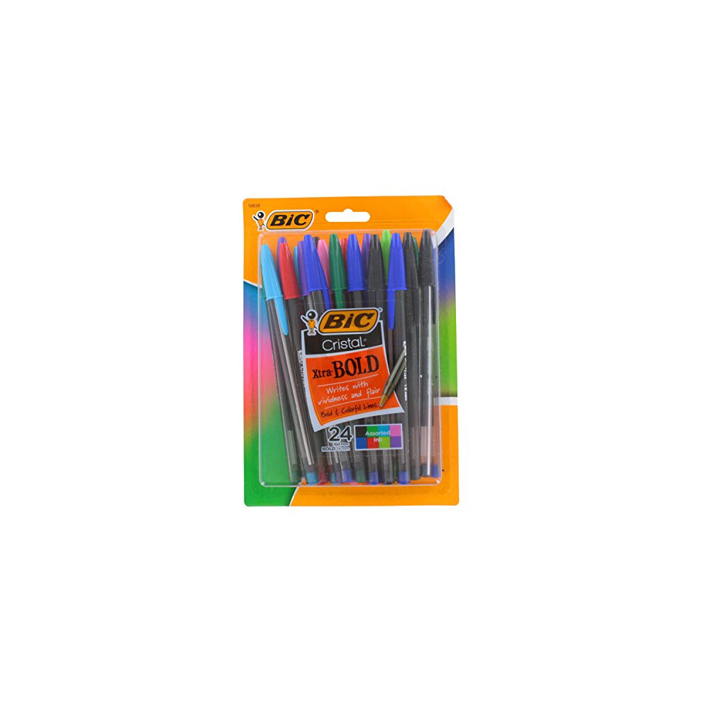 Bic Cristal Xtra Bold Stick Ballpoint Pens, 1.6mm, Bold Point, Assorted Colors, Pack of 24