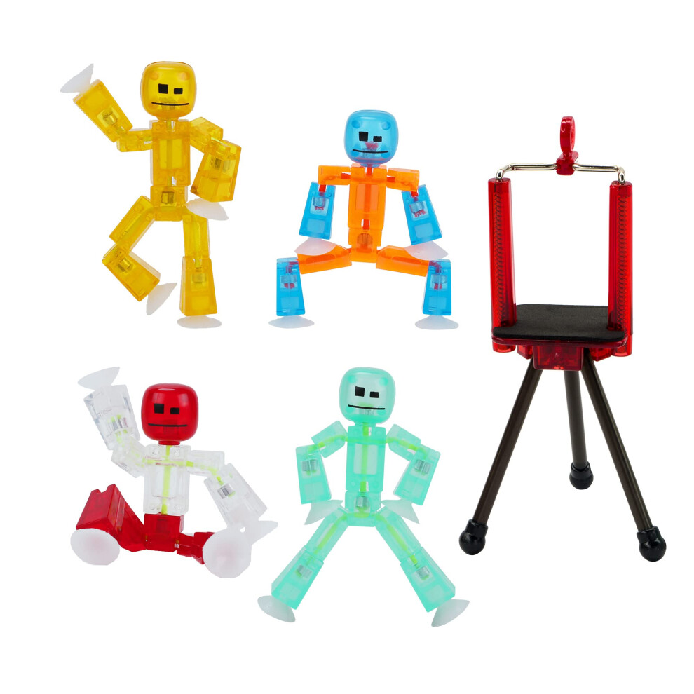 Zing Stikbot 4 Pack with Tripod, Set of 4 Stikbot Collectable Action Figures and Mobile Phone Tripod, Create Stop Motion Animation