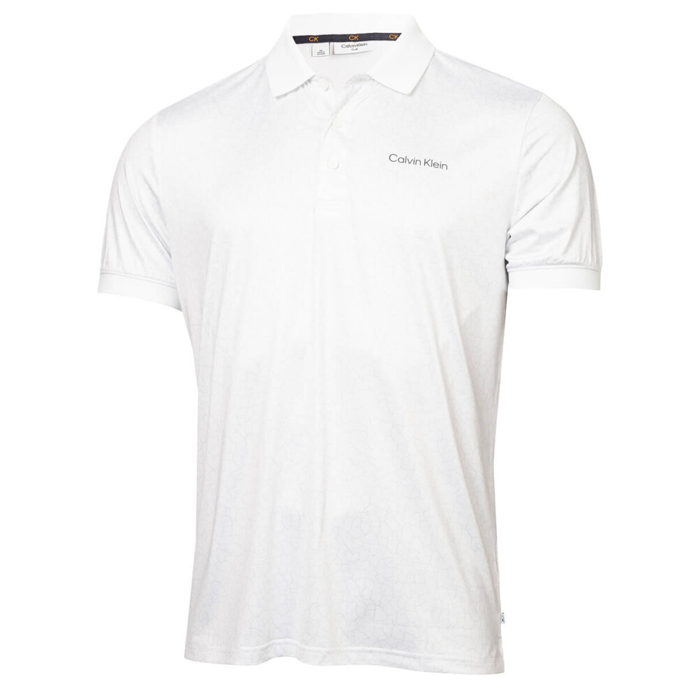 (L, White/Pale Silver) Calvin Klein Mens 2023 Fracture Print UV Protection Wicking Golf Polo Shirt