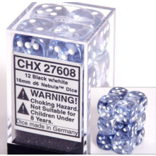 Sady kociek Chessex d6: Nebula cierna s bielou - 16 mm eststrann kocka (12) blok kociek