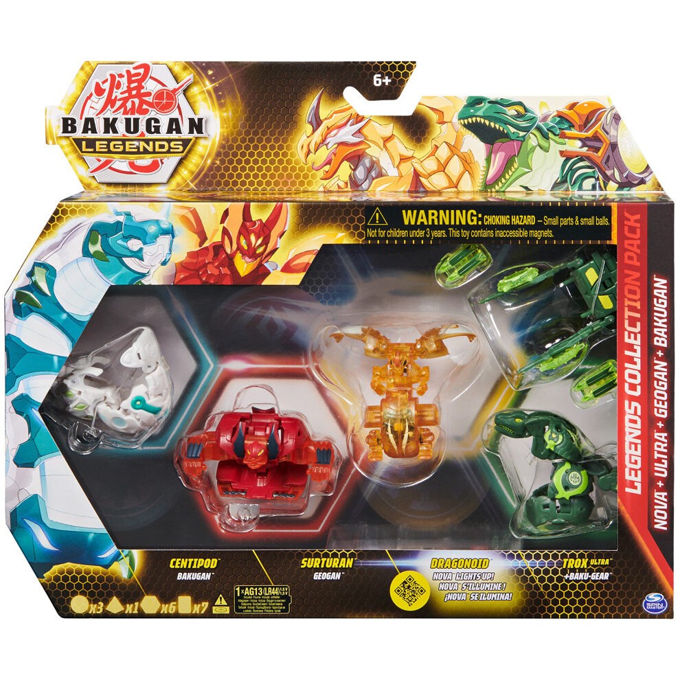 Bakugan Legends Collection Pack, 4-Pack Featuring Centipod, Surturan Geogan, Dragonoid Nova, Trox Ultra, and 6 BakuCores, Kids Toys for Ages 6 and Up