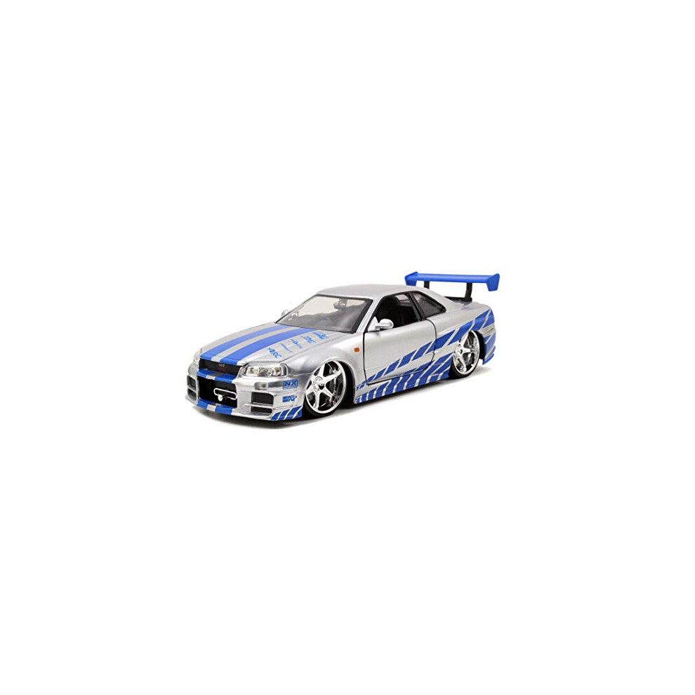 Jada Toys Fast & Furious Brians 2002 Nissan Skyline R34 Die-Cast Car, 1:24 Scale, & Silver/Blue