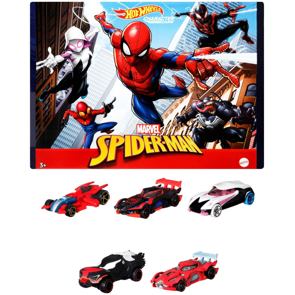 Hot Wheels Marvel Spider-Man 5-Pack 1:64 Scale Toy Cars, Spider-Man, Proto-Suit , Miles Morales, Spider-Gwen & Venom