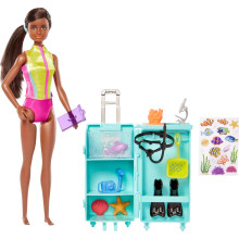 Barbie Marine Bioloog Pop & 10+ Accessoires, Mobiel Lab Speelset met Brunette Pop