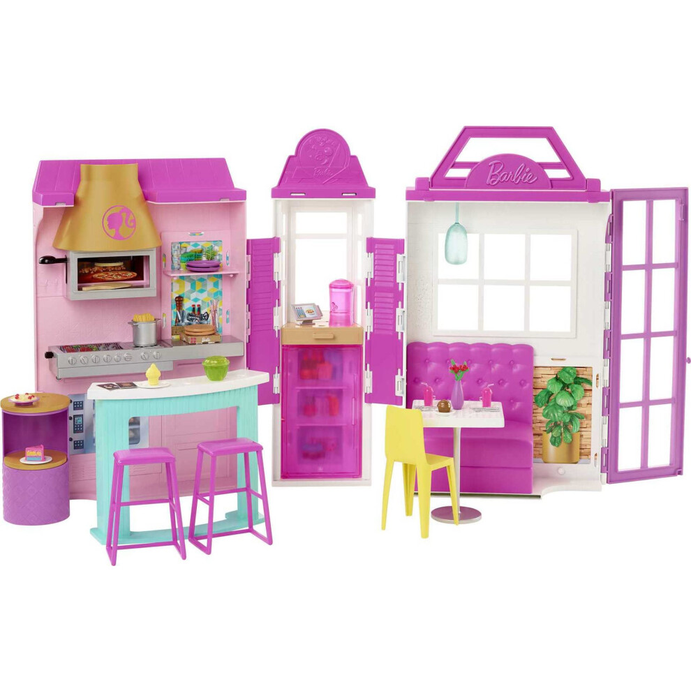 Barbie Cook n Grill Restaurant Playset with 30+ Pieces & 6 Play Areas Including Kitchen, Pizza Oven, Grill & Dining Booth, Gift for 3 to 7 Year Olds