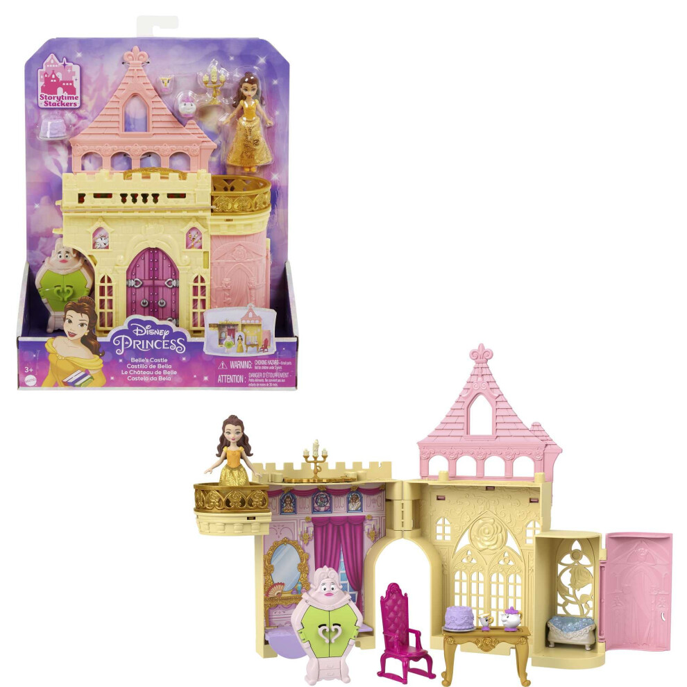 Mattel Disney Princess Toys, Belle Stackable Castle Doll House Playset with Small Doll and 8 Pieces, Inspired by The Disney Movie, Kids Travel Toys