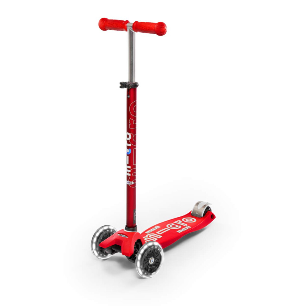 Micro Scooters | Maxi LED Deluxe Children\'s Scooter | Big Wheels | Handlebar Adjustable | Boys & Girls | 5-12yrs | Red