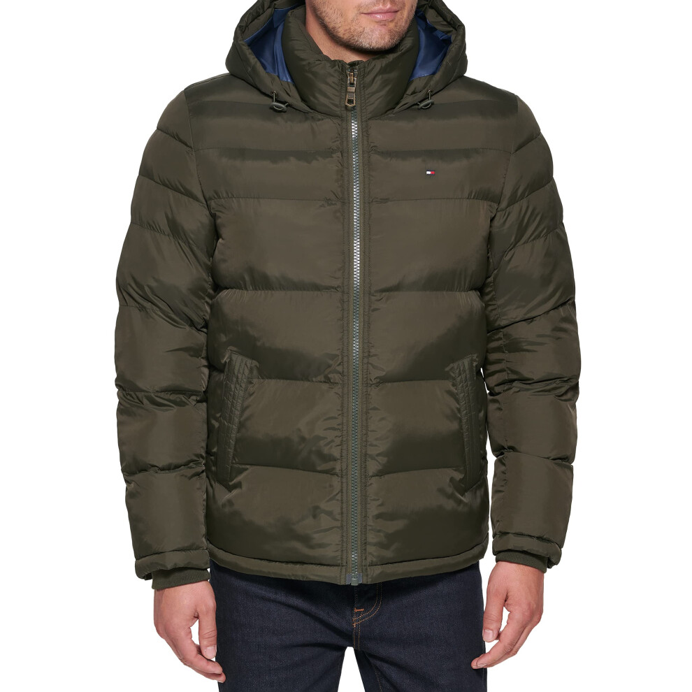 Tommy Hilfiger Mens Big Tall Hooded Puffer Jacket, Olive, X-Large Tall