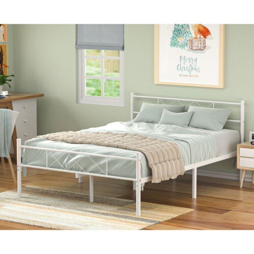 (White, Double) Metal Bed Frame with Headboard Footboard Modern 2