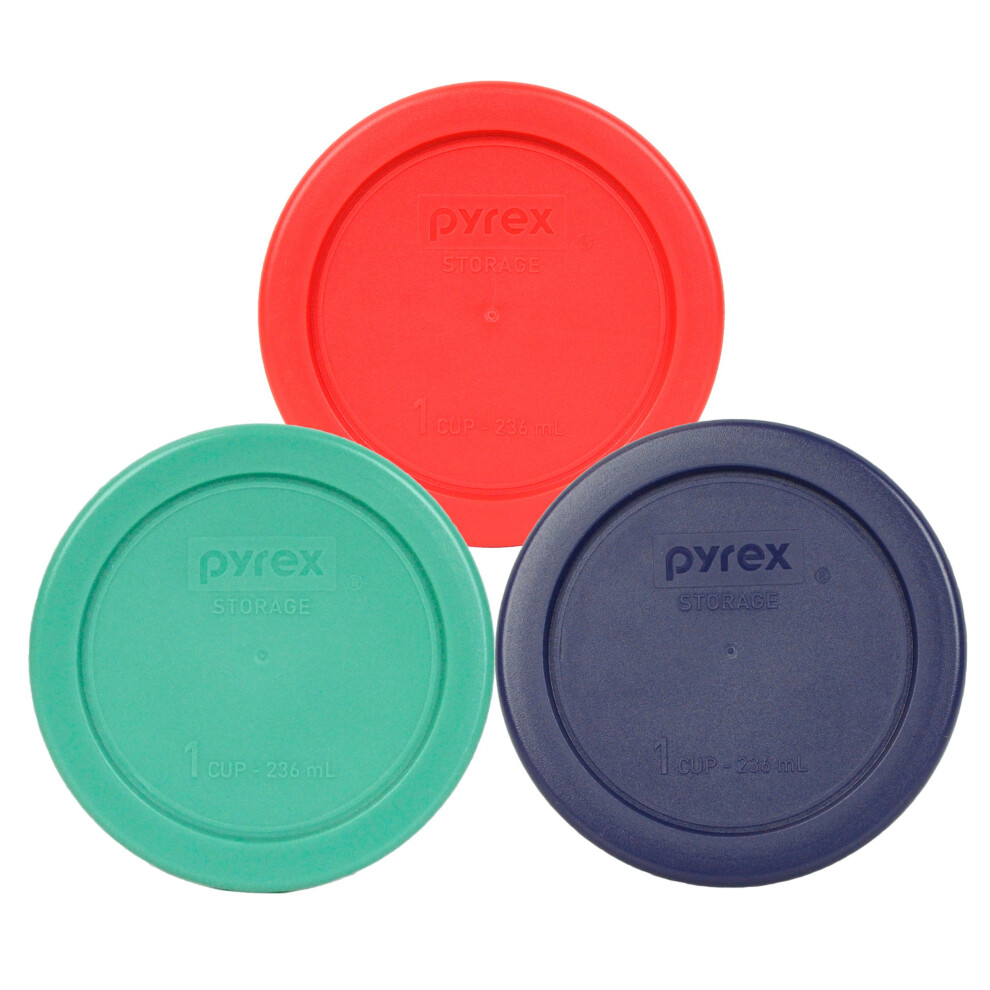 Pyrex 7202PC 1 Cup 1 Blue 1 Red 1 Green Round Plastic Lid  3 Pack