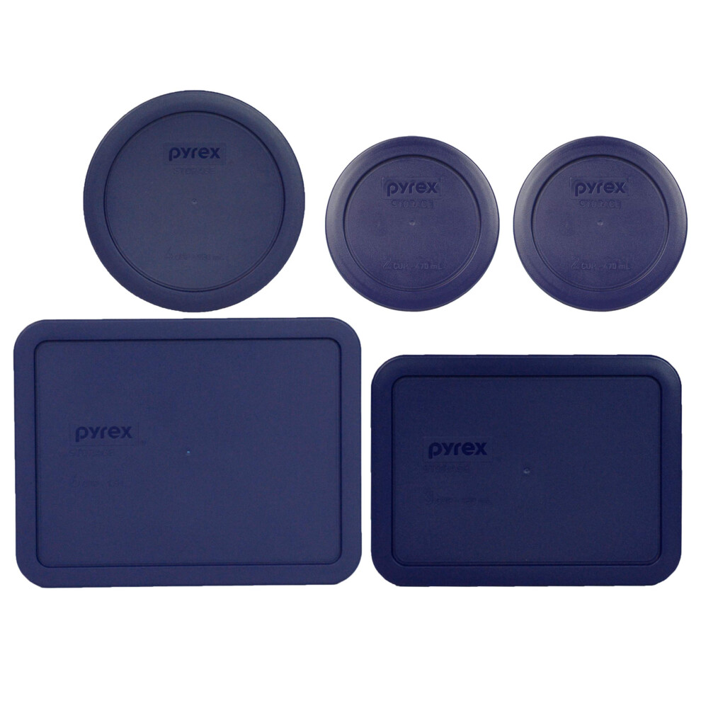 Pyrex (2) 7200-Pc 2 cup, (1) 7201-Pc 4 cup, (1) 7210-Pc 3 cup, and (1) 7211-Pc 6 cup Blue Plastic Storage Lids