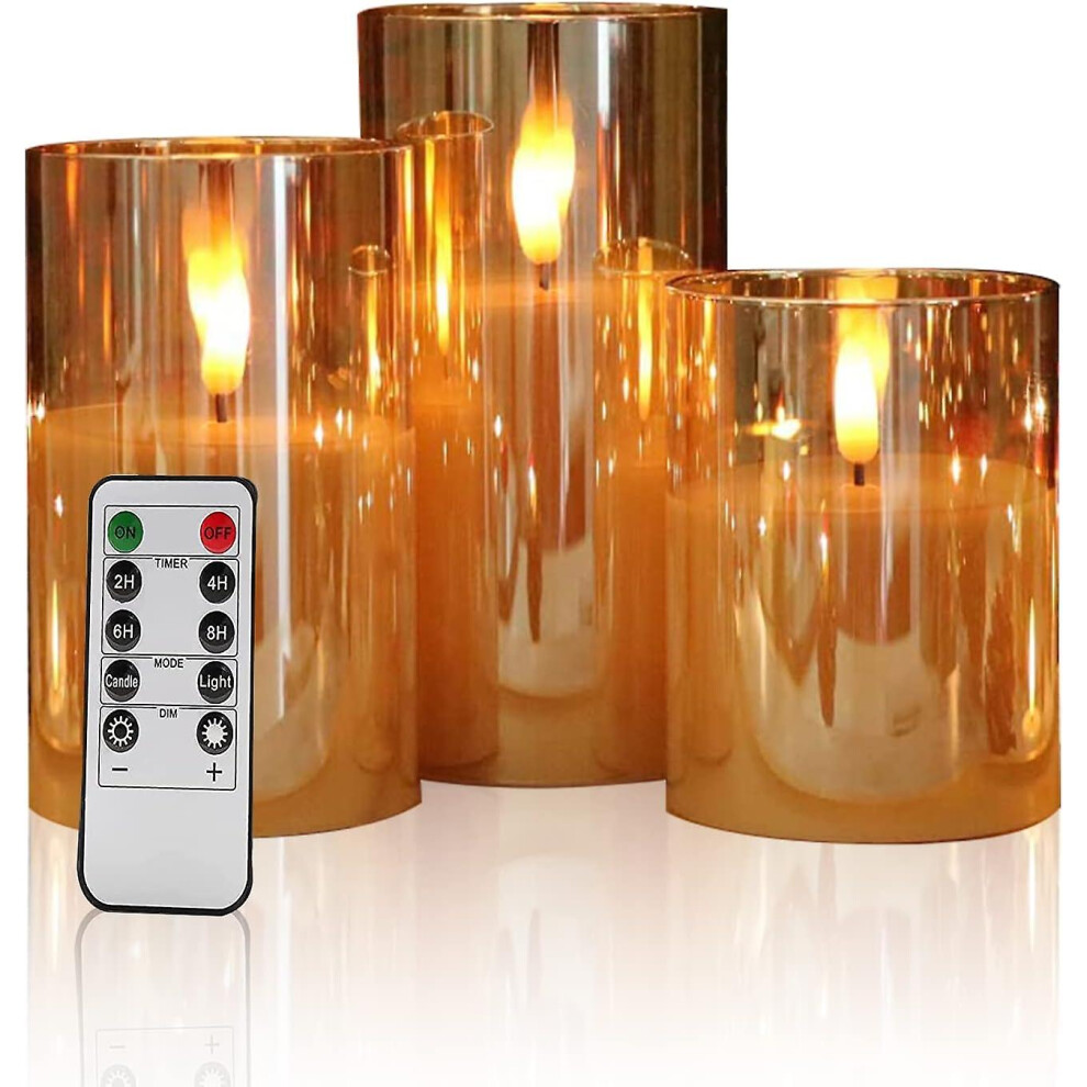 Gold Glass Flameless Candles Flickering With Remote, Moving Wick Battery Operated Realistic Warm Light Candle, For Party Wedding Festival Tabletop Dec