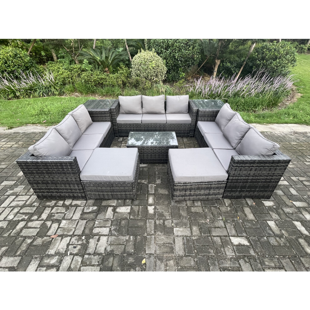 Fimous Dark/Grey Outdoor Lounge Sofa Set Wicker Pe Rattan Garden Furniture Set With Oblong Coffee Table 2 Side Tables 2 Big Footstool 11Seater Mixed - Image 3