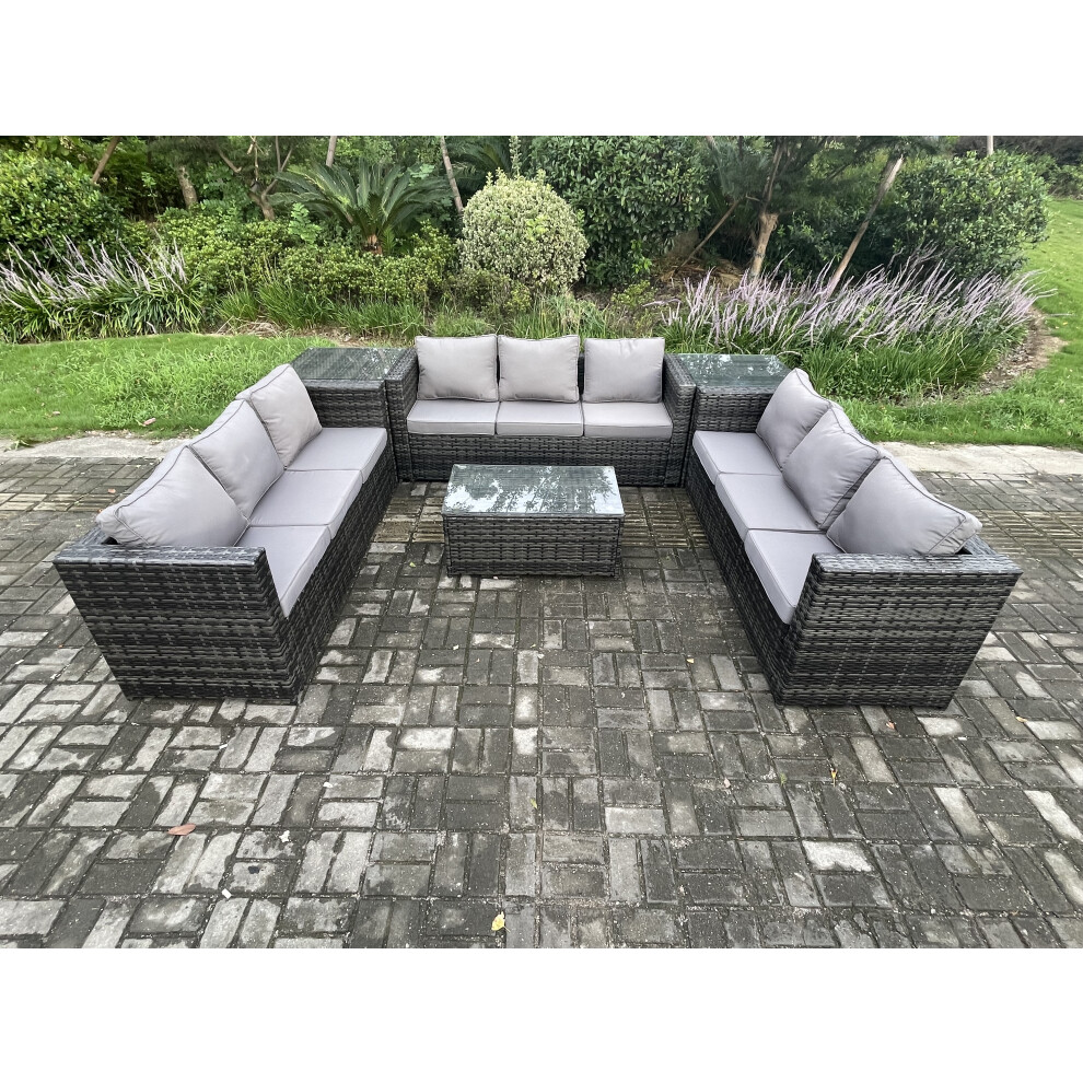 B&Q - 9 Seater Outdoor Lounge Sofa Set Wicker Rattan Garden Furniture Set With Oblong Coffee Table Side Tables Dark Grey Mixed - Image 3