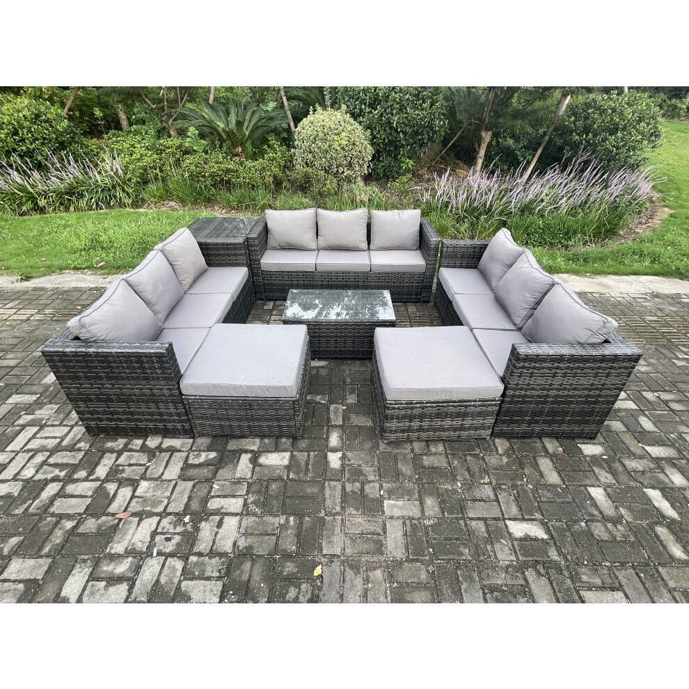Fimous Dark/Grey Outdoor Lounge Sofa Set Wicker Pe Rattan Garden Furniture Set With Oblong Coffee Table Side Table 2 Big Footstool 11Seater Mixed - Image 3