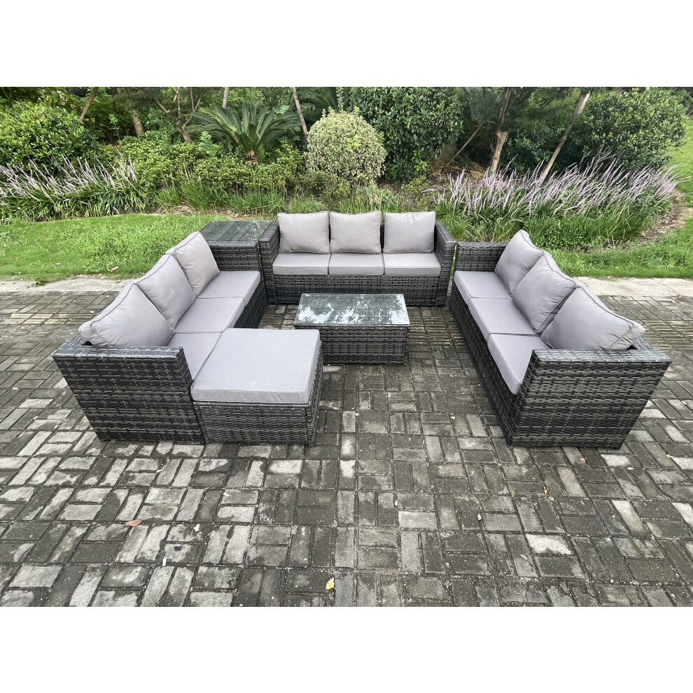 Fimous 10 Seater Outdoor Lounge Sofa Set Wicker Pe Rattan Garden Furniture Set With Oblong Coffee Table Side Table Big Footstool Brown