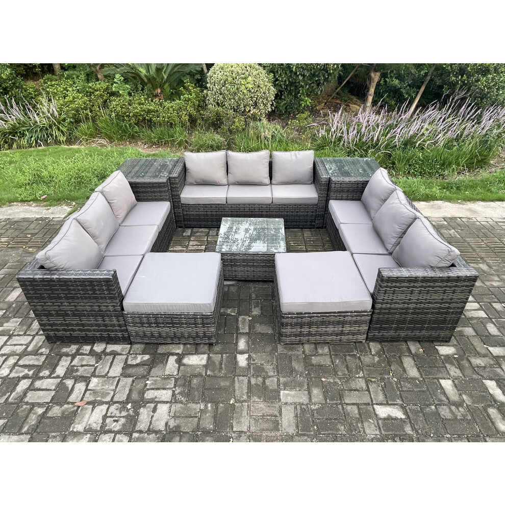 B&Q - Outdoor Rattan Garden Furniture Set Patio Lounge Sofa Set With 2 Side Tables Square Coffee Table 2 Big Footstool - Image 3