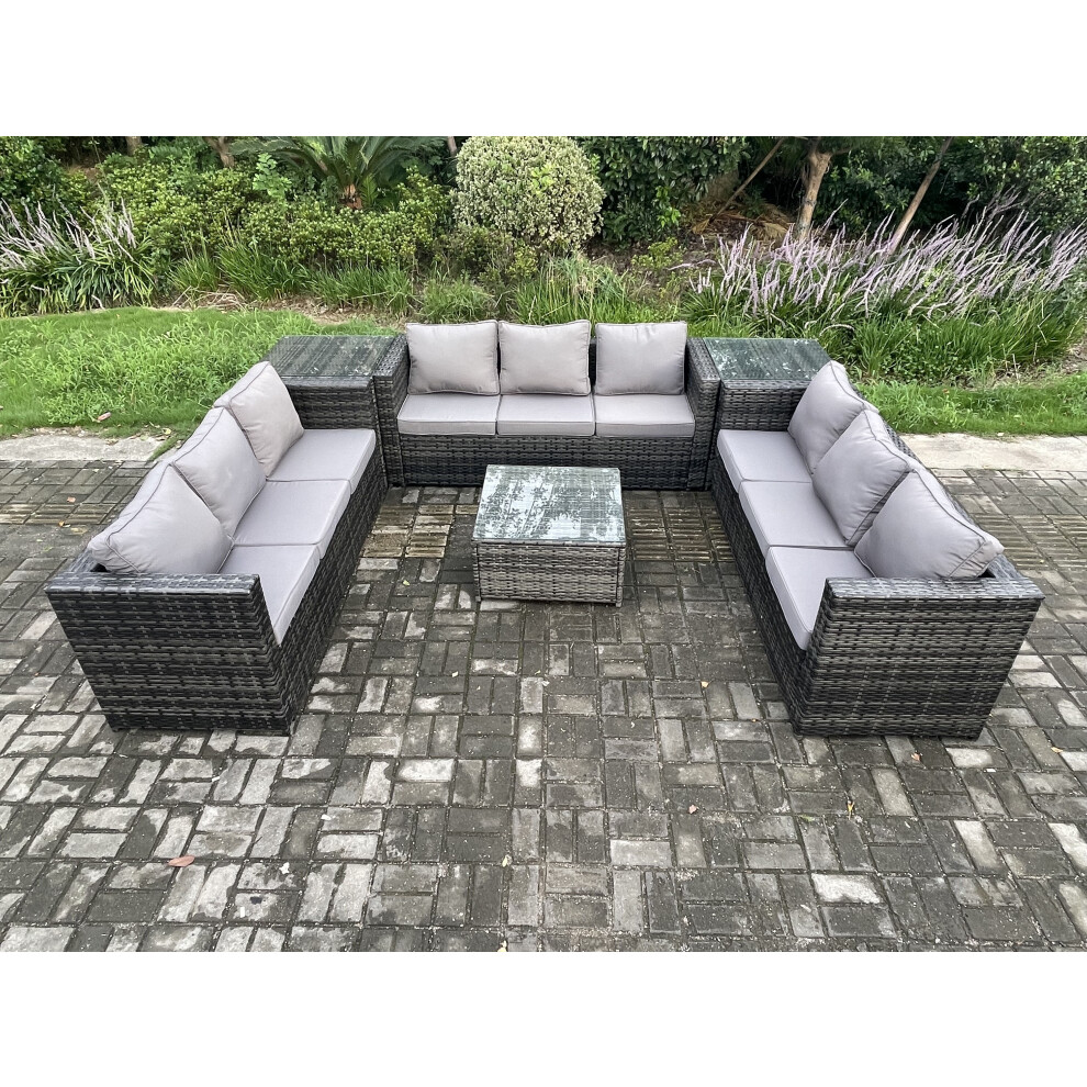 B&Q - 9 Seater Rattan Garden Furniture Set Patio Outdoor Lounge Sofa Set With 2 Side Tables Square Coffee Table - Image 3
