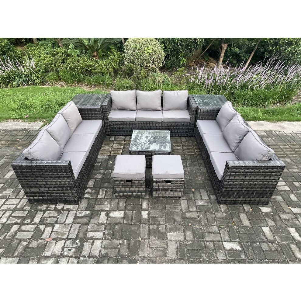 Fimous 11 Seater Outdoor Rattan Garden Furniture Set Patio Lounge Sofa Set with 2 Side Tables Square Coffee Table 2 Small Footstool