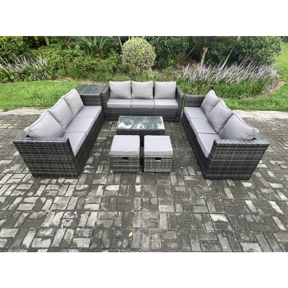 Fimous Outdoor Lounge Sofa Set Wicker PE Rattan Garden Furniture Set with Oblong Coffee Table Side Table 2 Small Footstools