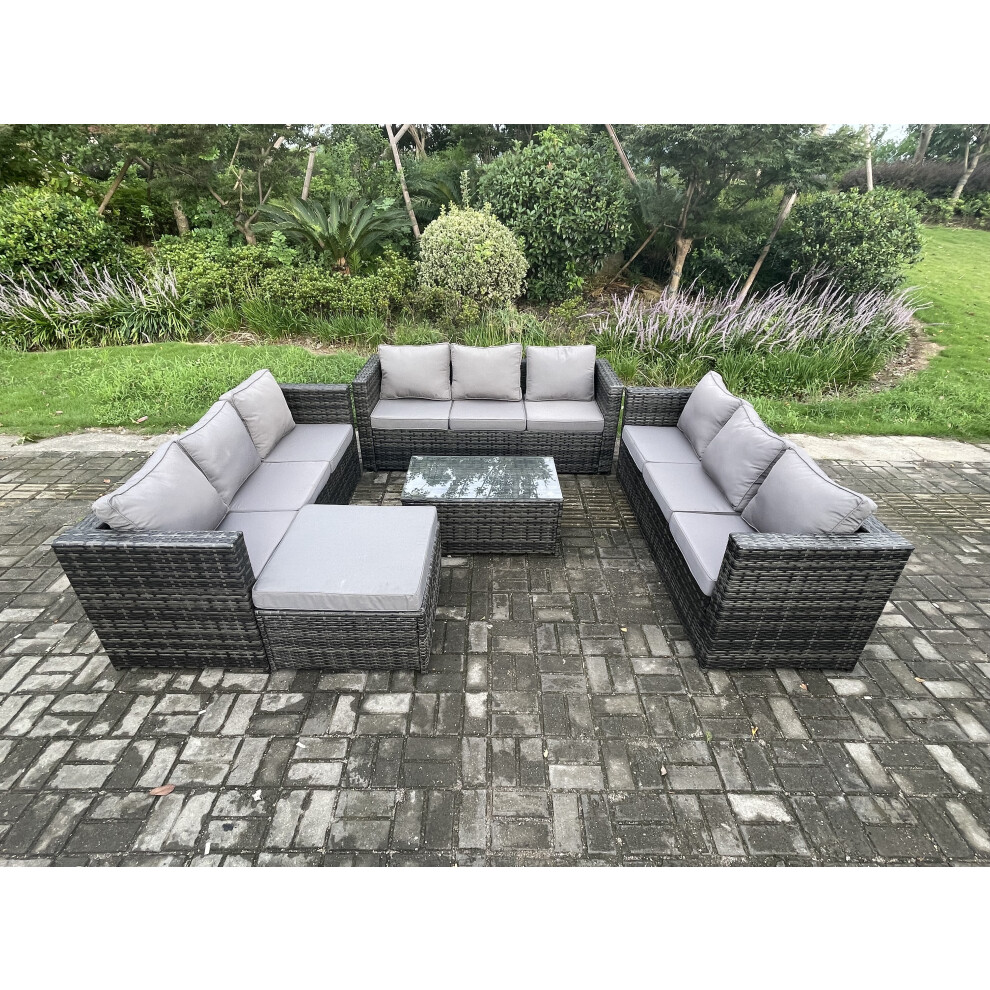 Fimous Dark/Grey Outdoor Lounge Sofa Set Wicker Pe Rattan Garden Furniture Set With Oblong Coffee Table Big Footstool Mixed - Image 3