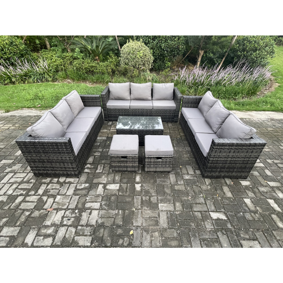 Fimous Outdoor Lounge Sofa Set Wicker Pe Rattan Garden Furniture Set With Oblong Coffee Table 2 Small Footstools Brown